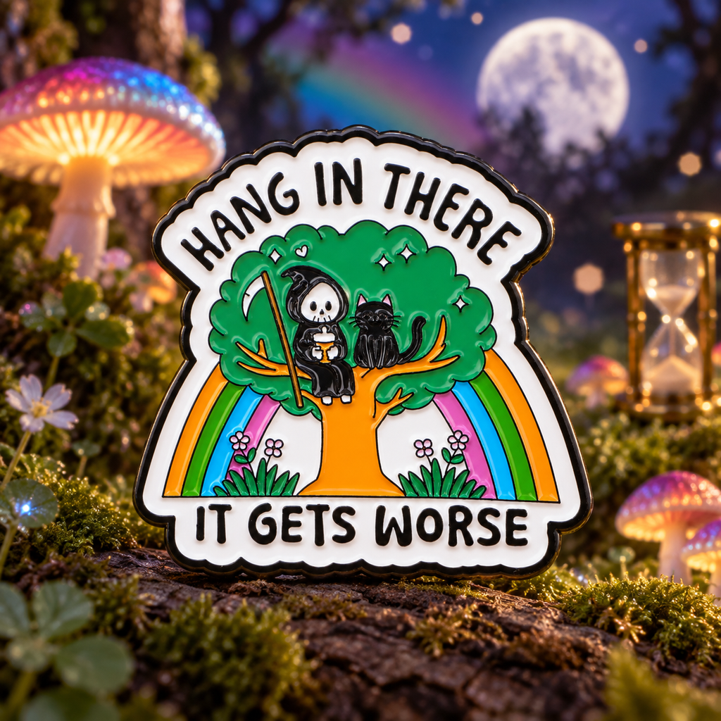 Hang In There It Gets Worse Pin on a themed spooky background