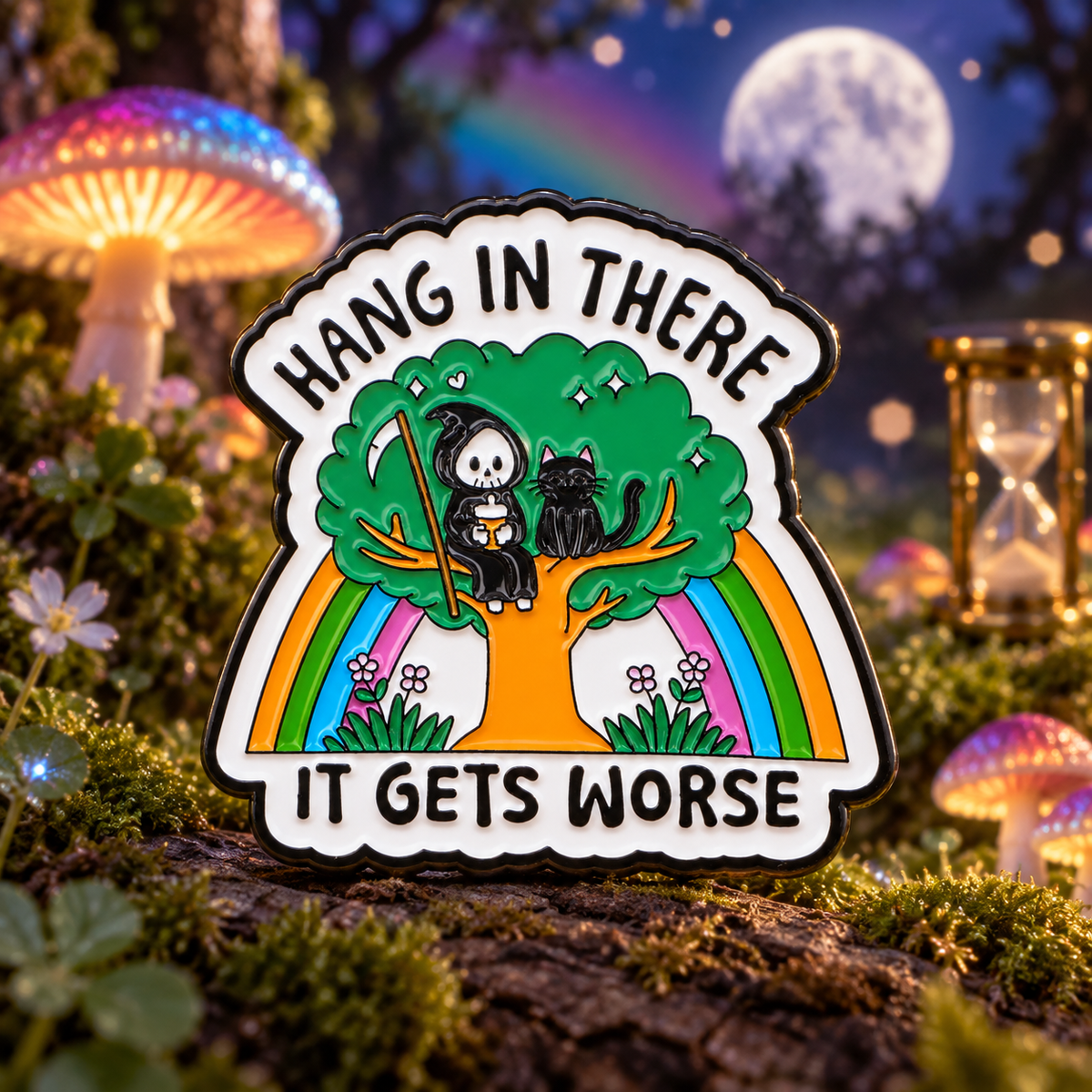 Hang In There It Gets Worse Pin on a themed spooky background