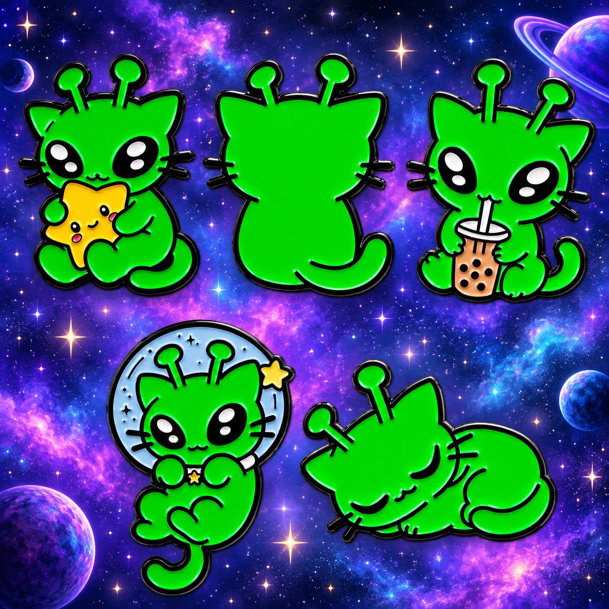 All five Green Alien Cat Pins in a cosmic night sky