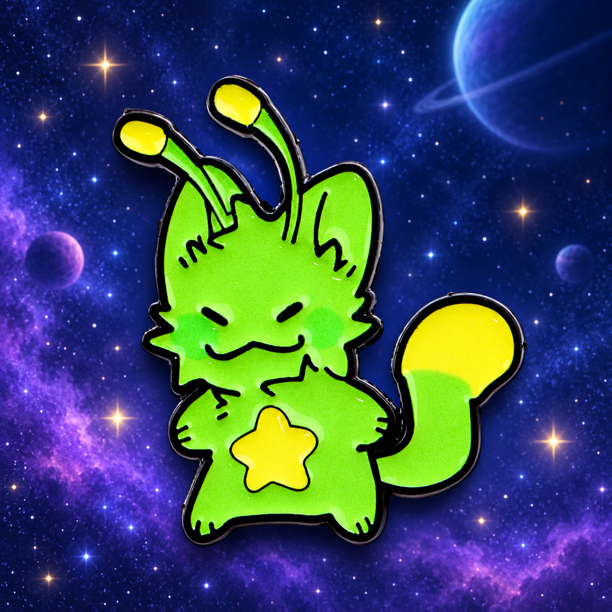 Green Alien Cat Star Pin against a colorful star field