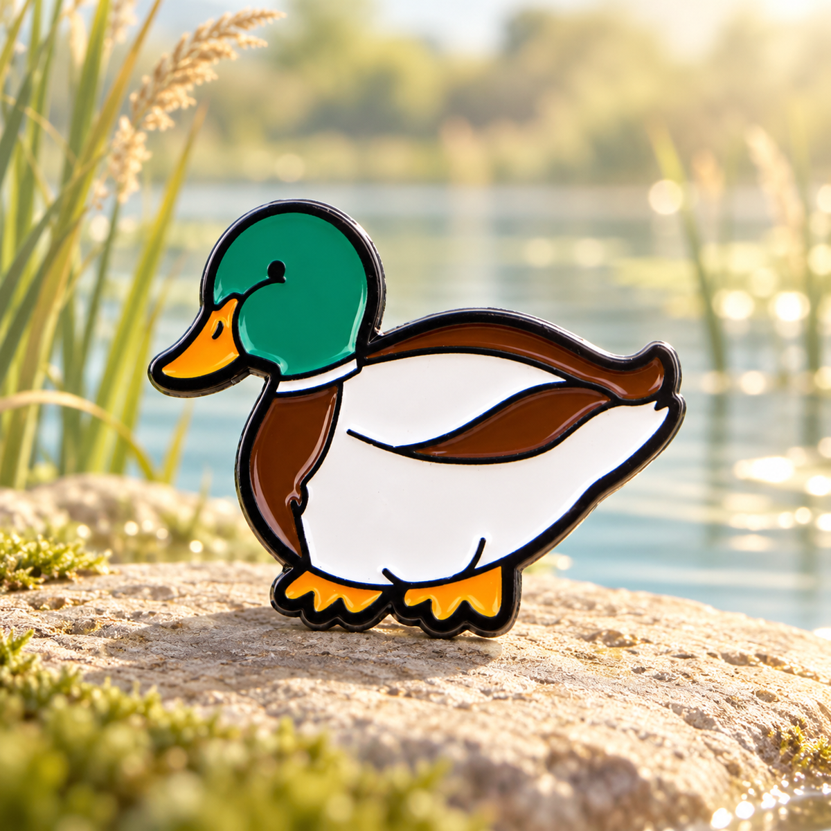 Green Head Mallard Duck Pin by a sunlit pond