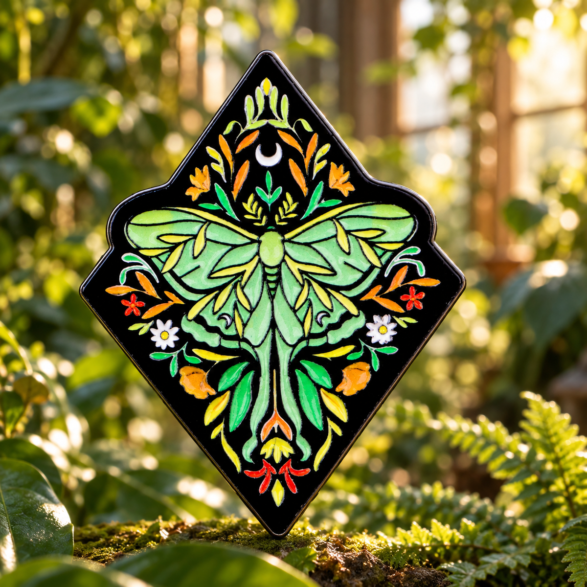 Green Moth Botanical Diamond enamel pin in a botanical conservatory