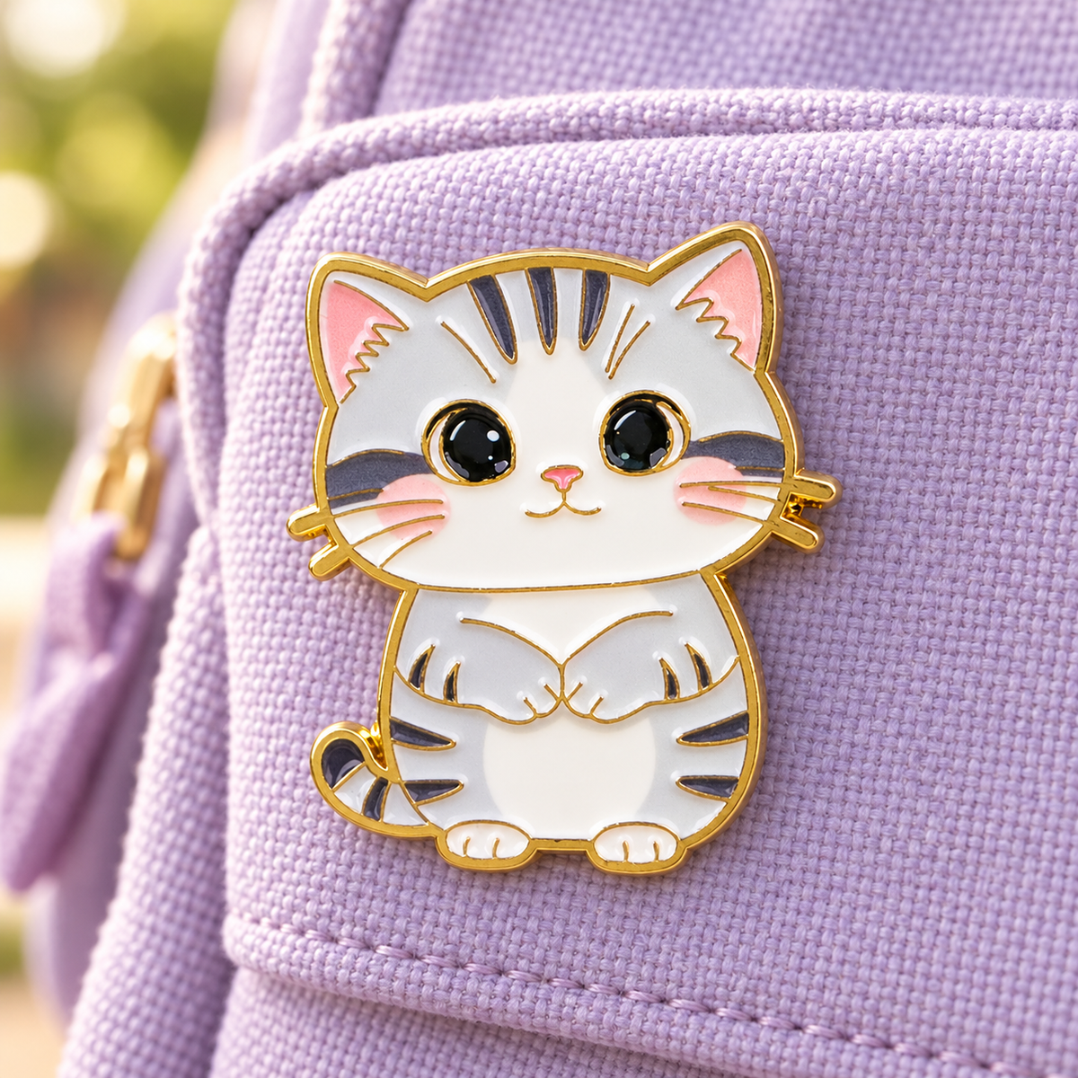 Pin chaton gris et blanc sur sac lavande