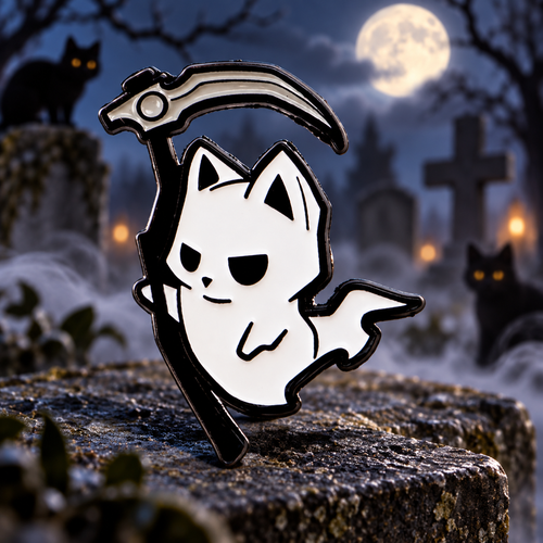 Grim Reaper Ghost Cat Pin on a themed spooky background