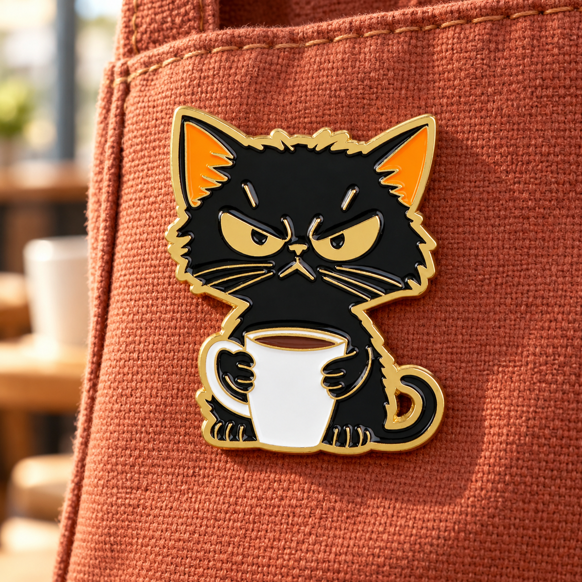 Grumpy Cat Coffee enamel pin on a terracotta canvas bag