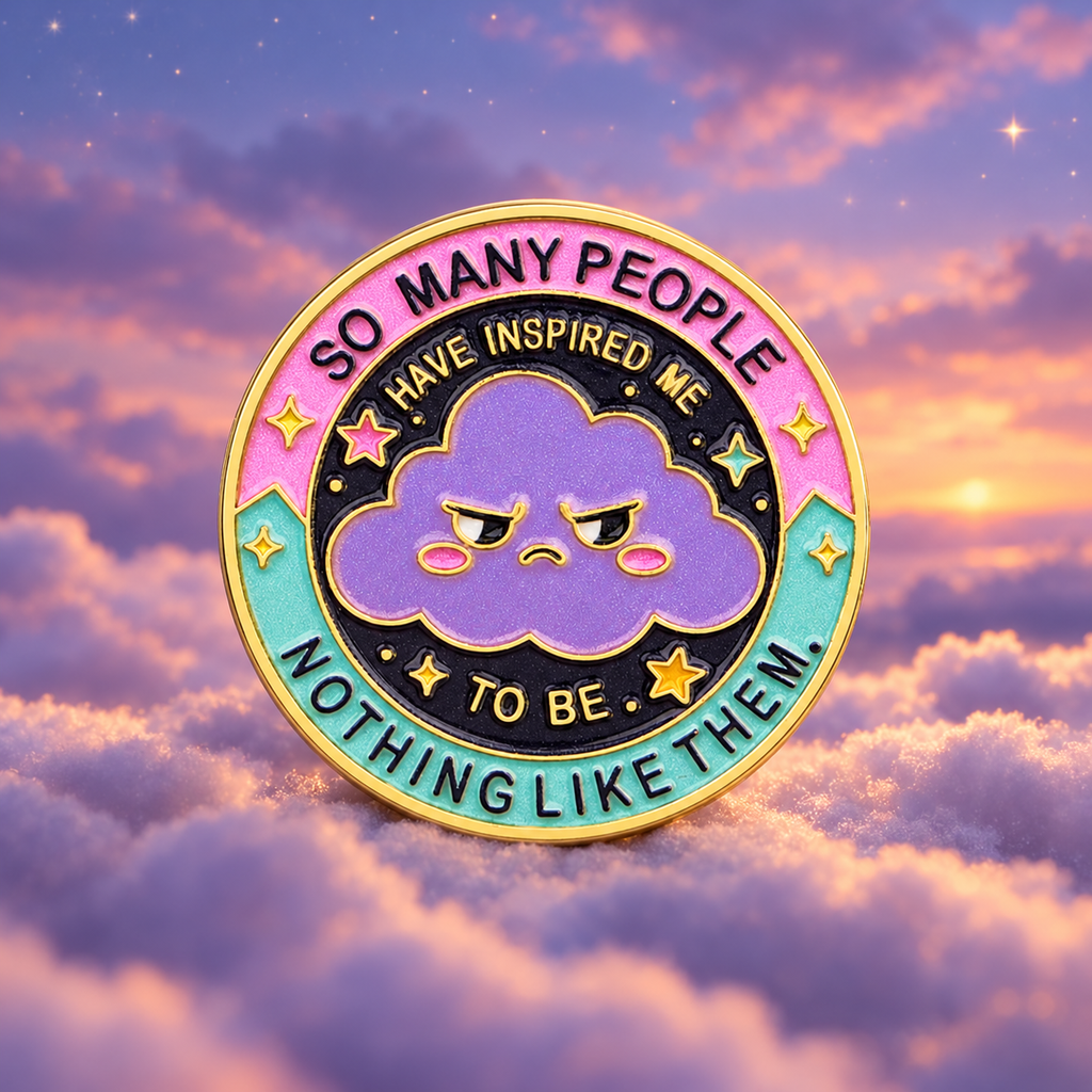 So Many People Grumpy Cloud enamel pin against a pastel sunset sky