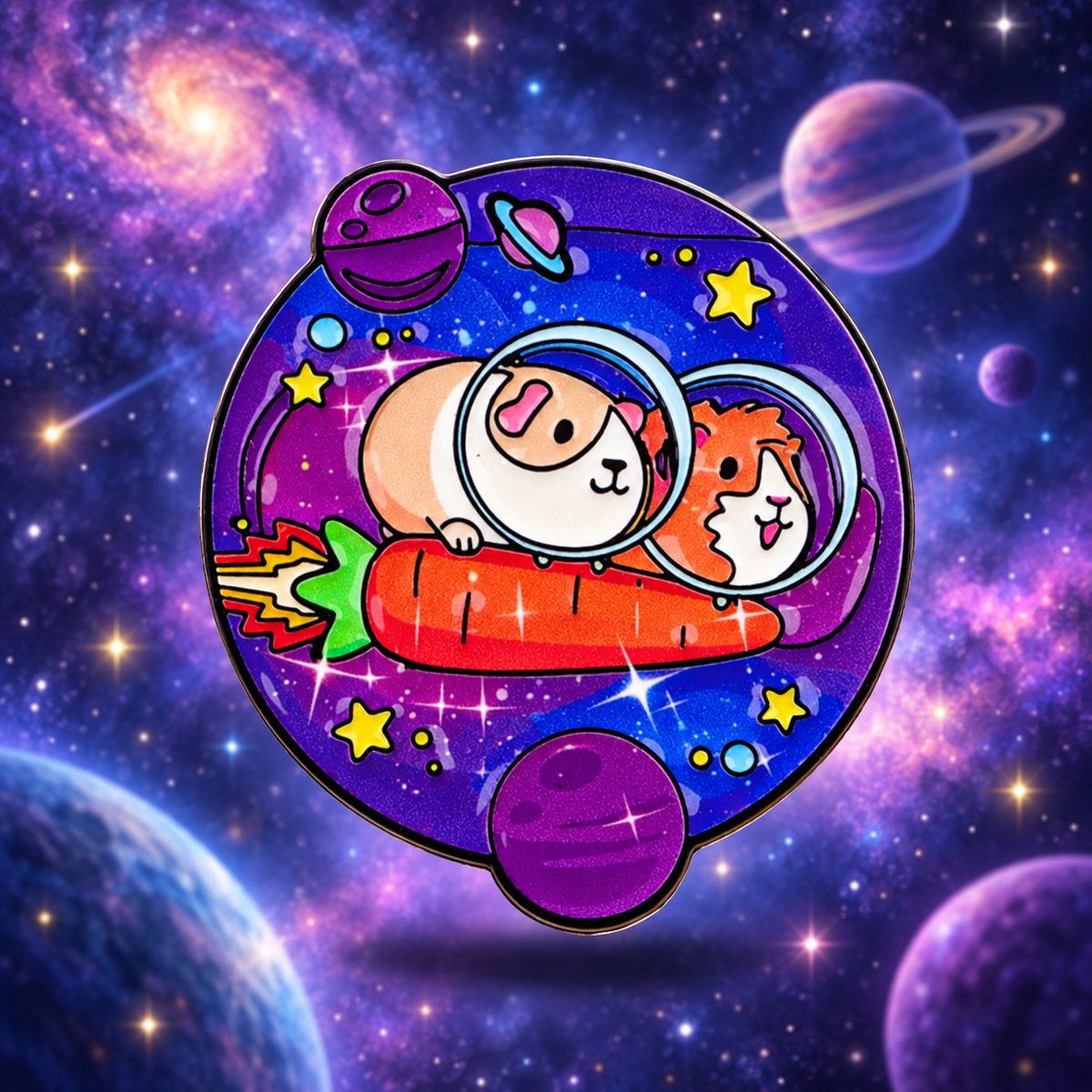 Guinea pigs in a carrot rocket enamel pin against a purple galaxy
