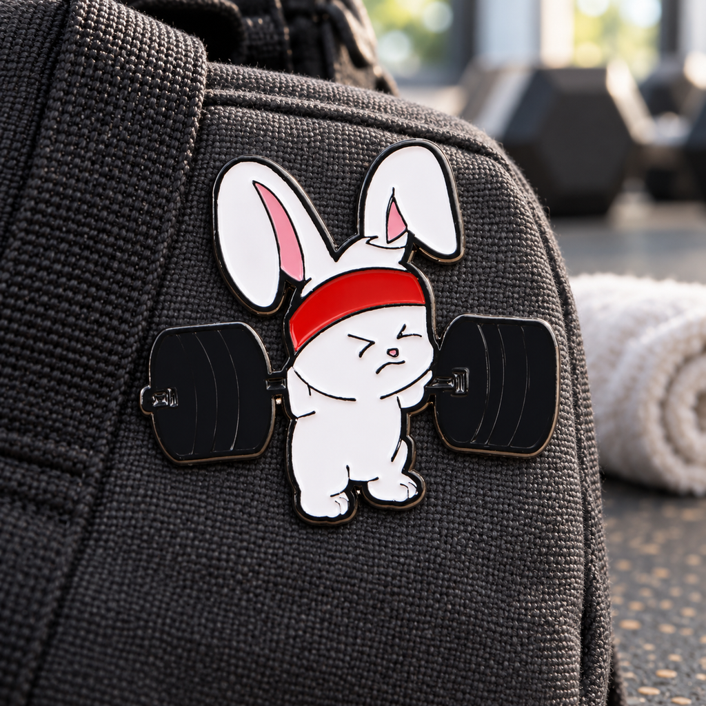 Gym Bunny enamel pin on a charcoal gym bag