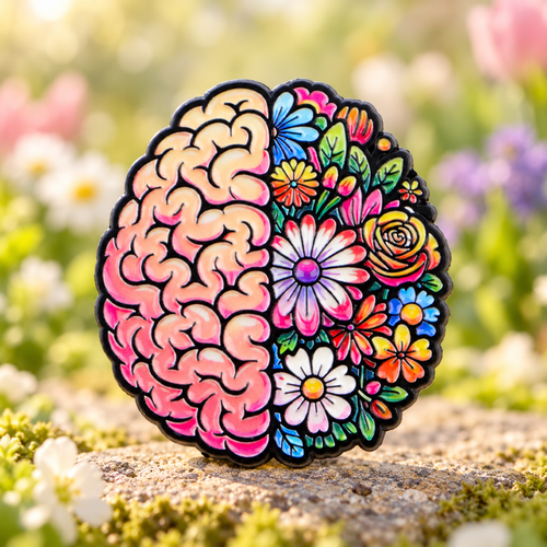Half Brain Half Flowers enamel pin in a soft spring garden setting