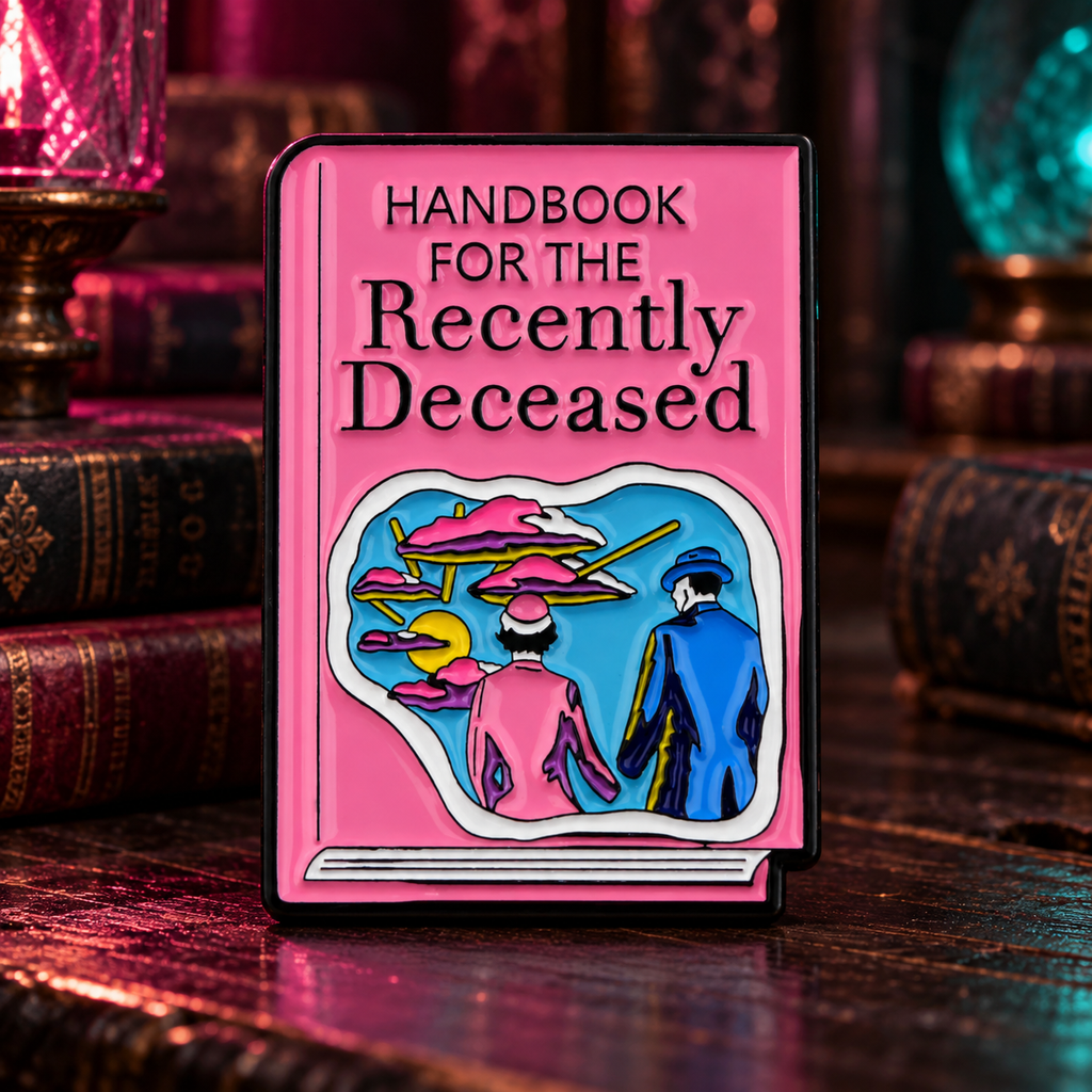 Handbook For The Recently Deceased Pin in a gothic library setting