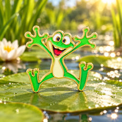 Happy Leaping Frog Pin on a sunlit lily pad