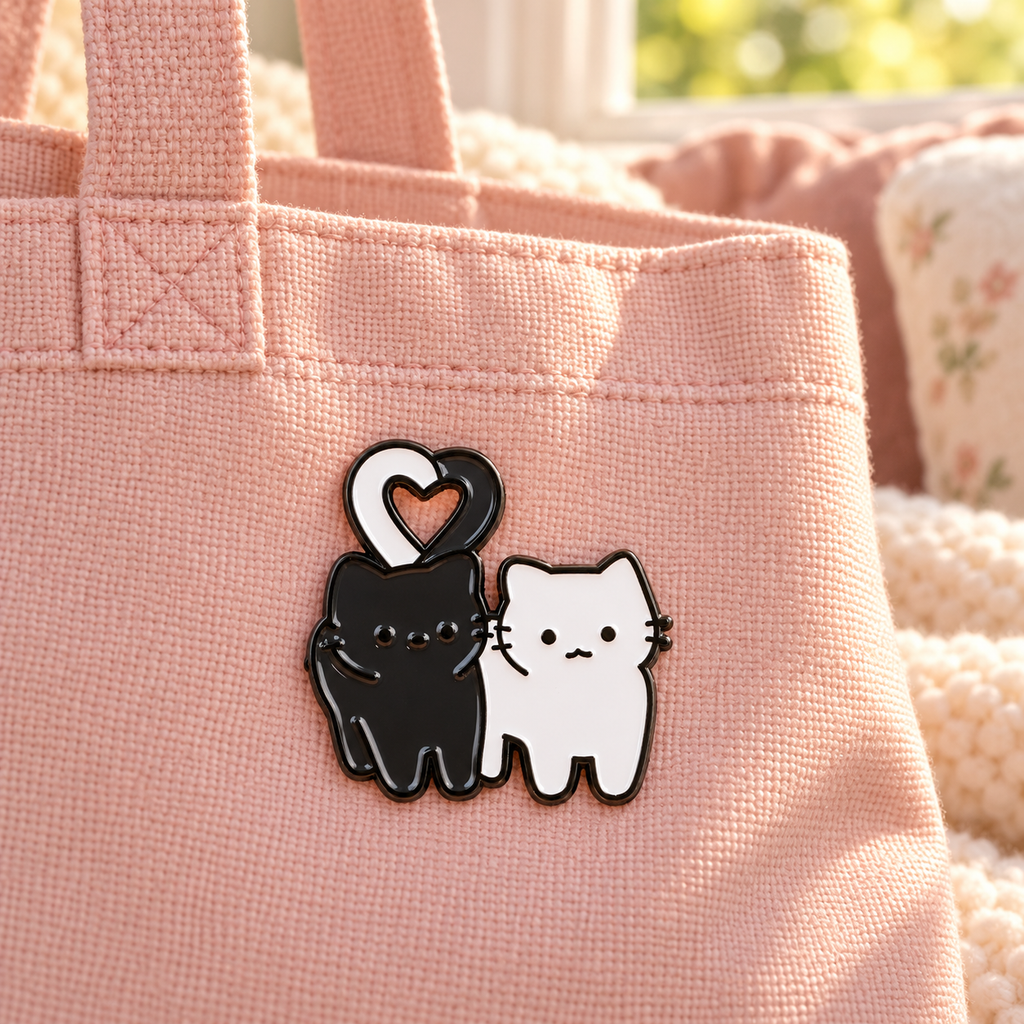 Black and white cats heart enamel pin on a blush canvas tote