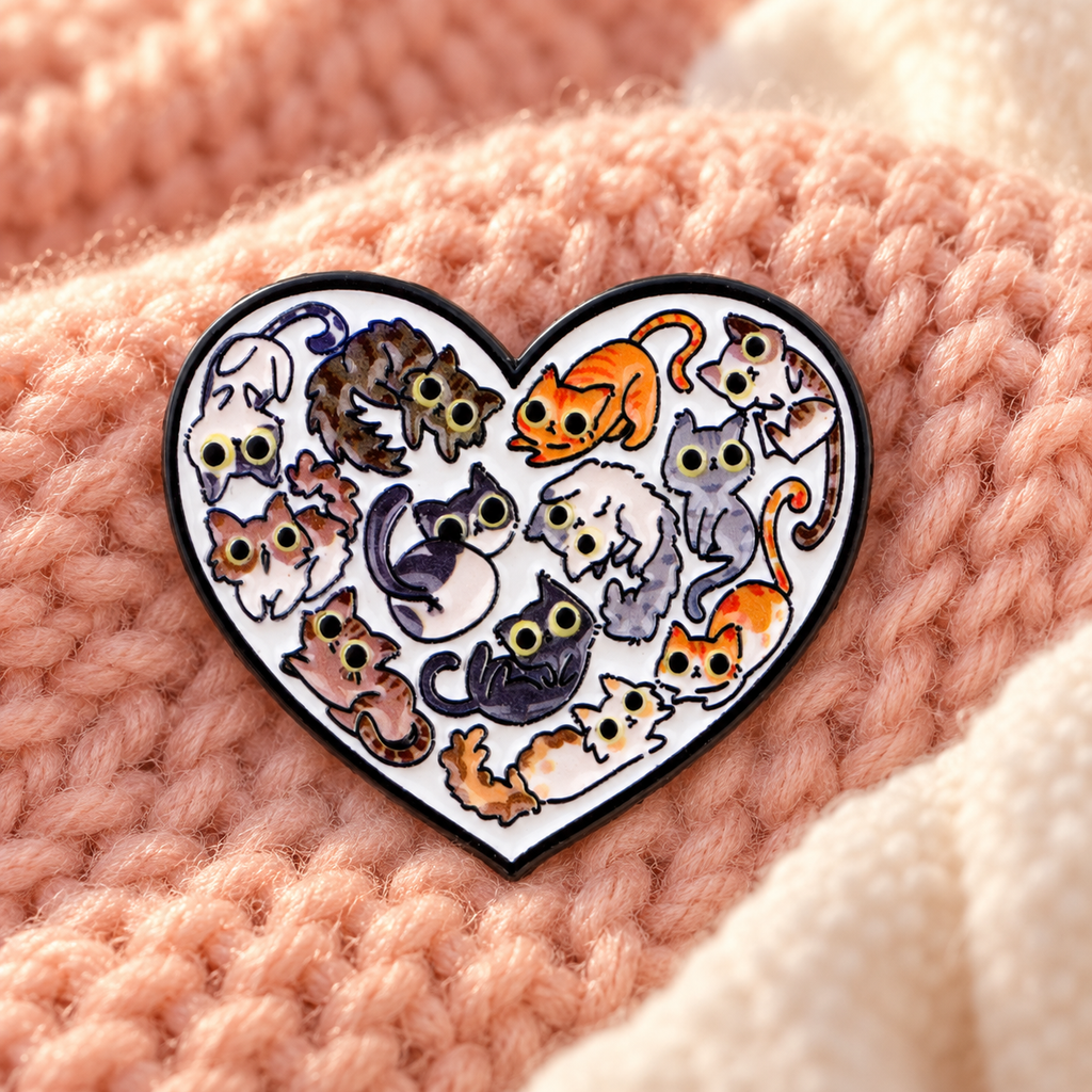 Heart Full of Cats enamel pin on a cozy peach knitted backdrop