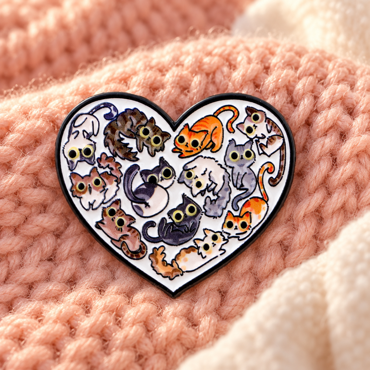 Heart Full of Cats enamel pin on a cozy peach knitted backdrop