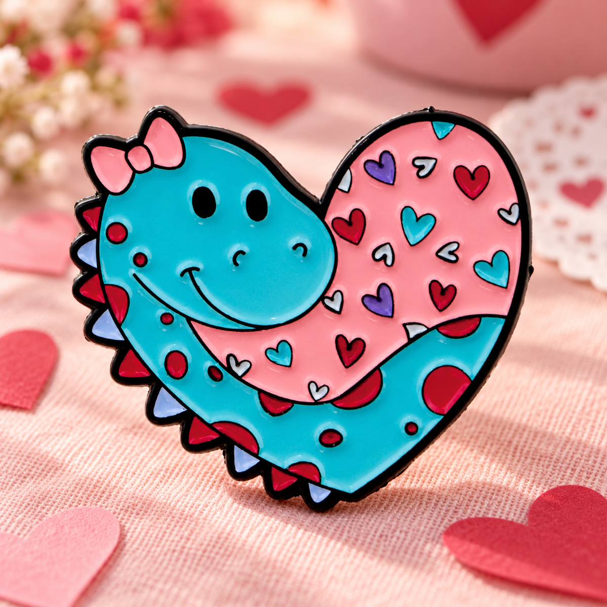 Heart-shaped Dinosaur Pin enamel pin in a Valentine's craft setting