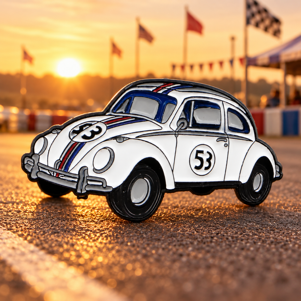 Herbie the Love Bug pin with 53 decals in a vintage racing paddock