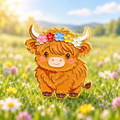 Highland Cow with a Flower Crown enamel pin in a sunny wildflower meadow