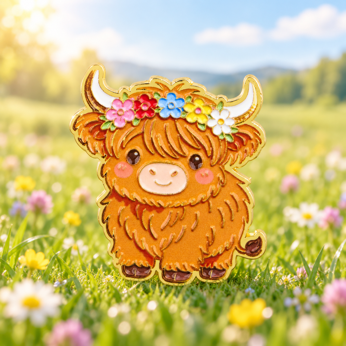 Highland Cow with a Flower Crown enamel pin in a sunny wildflower meadow