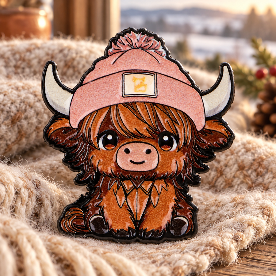 Highland Cow Wearing Beanie Pin on warm wool