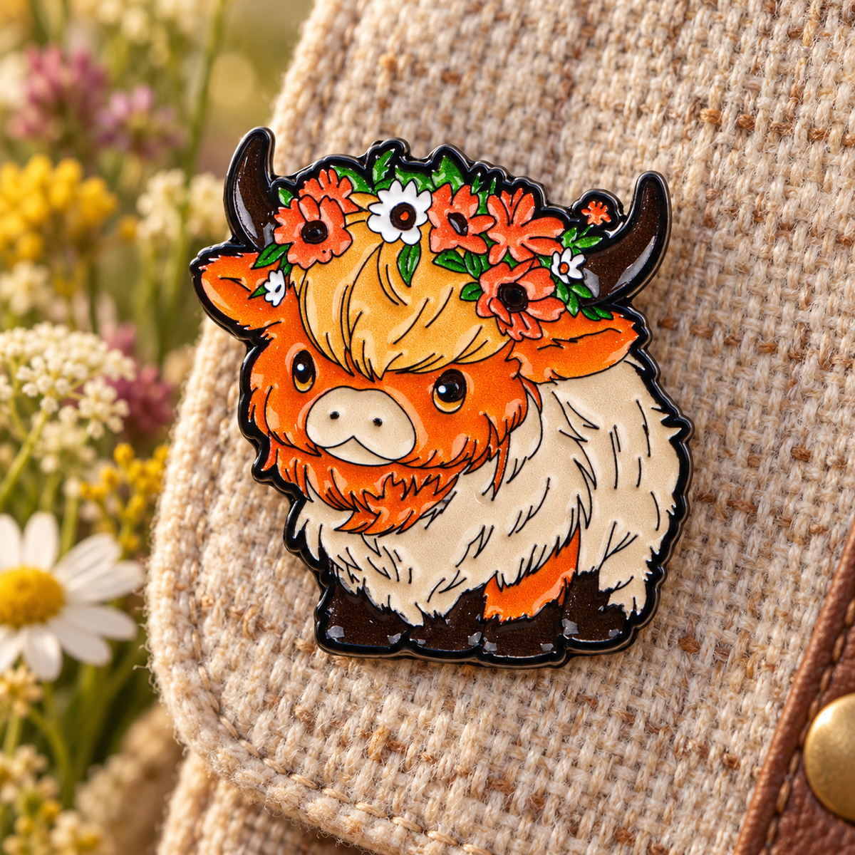 Floral Highland cow enamel pin on oatmeal tweed