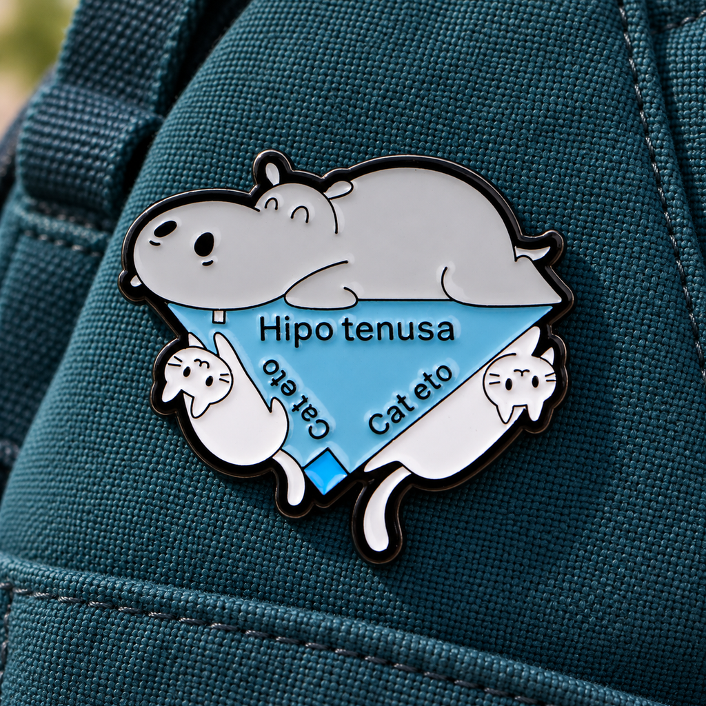 Hipo tenusa y Cat Eto Triangle Math enamel pin on a teal backpack