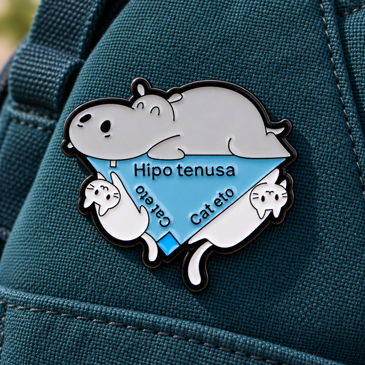 Hipo tenusa y Cat Eto Triangle Math enamel pin on a teal backpack