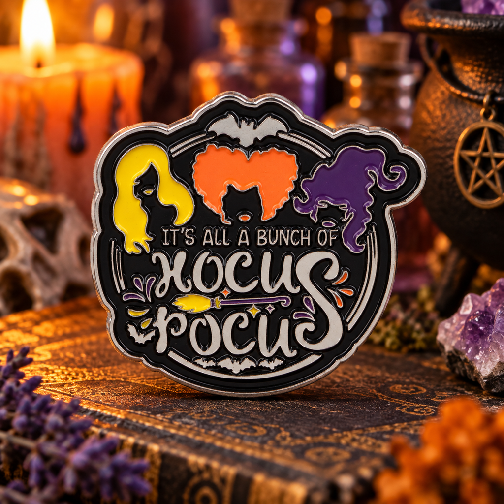 Hocus Pocus Witch Pin on a themed spooky background