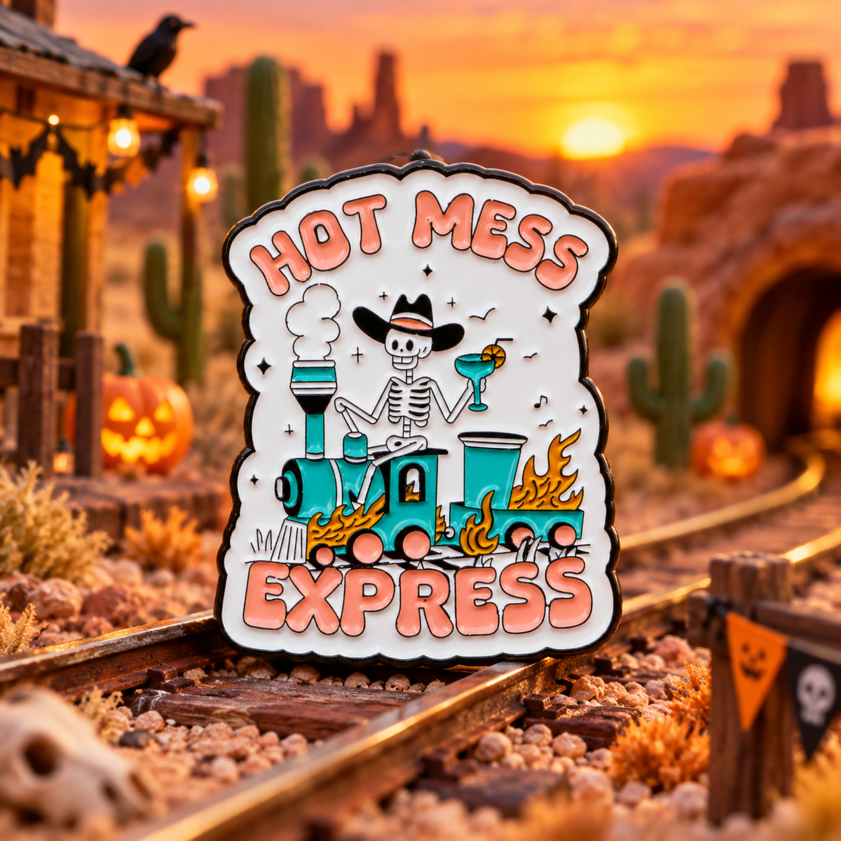 Hot Mess Express Pin on a themed spooky background