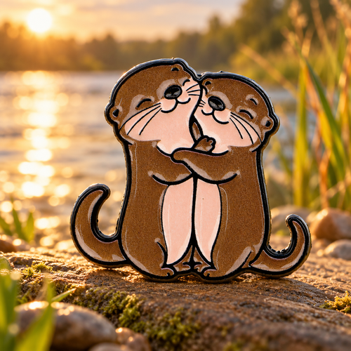 Hugging Otters Pin by a warm riverside at sunset
