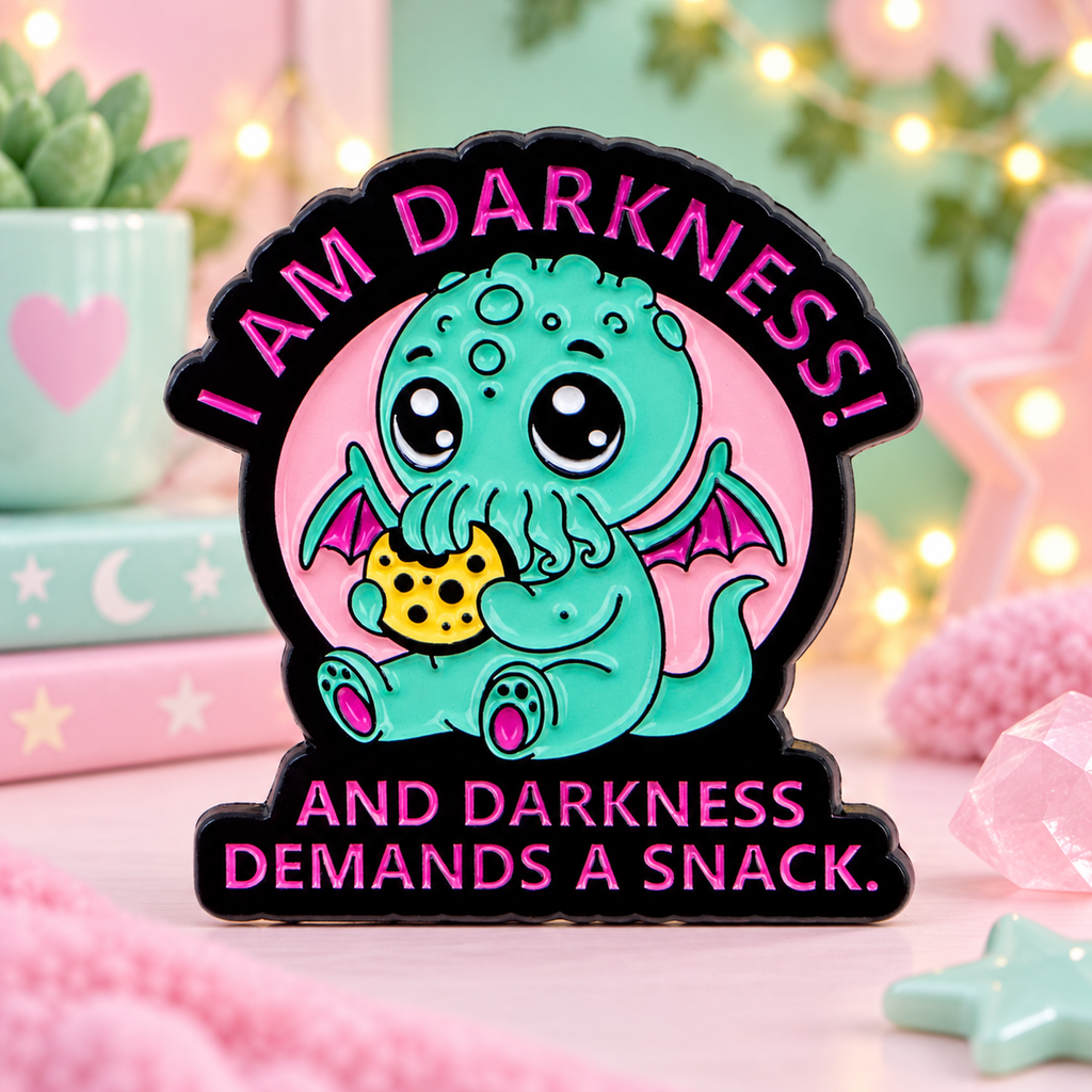 I Am Darkness enamel pin in a pastel whimsical room