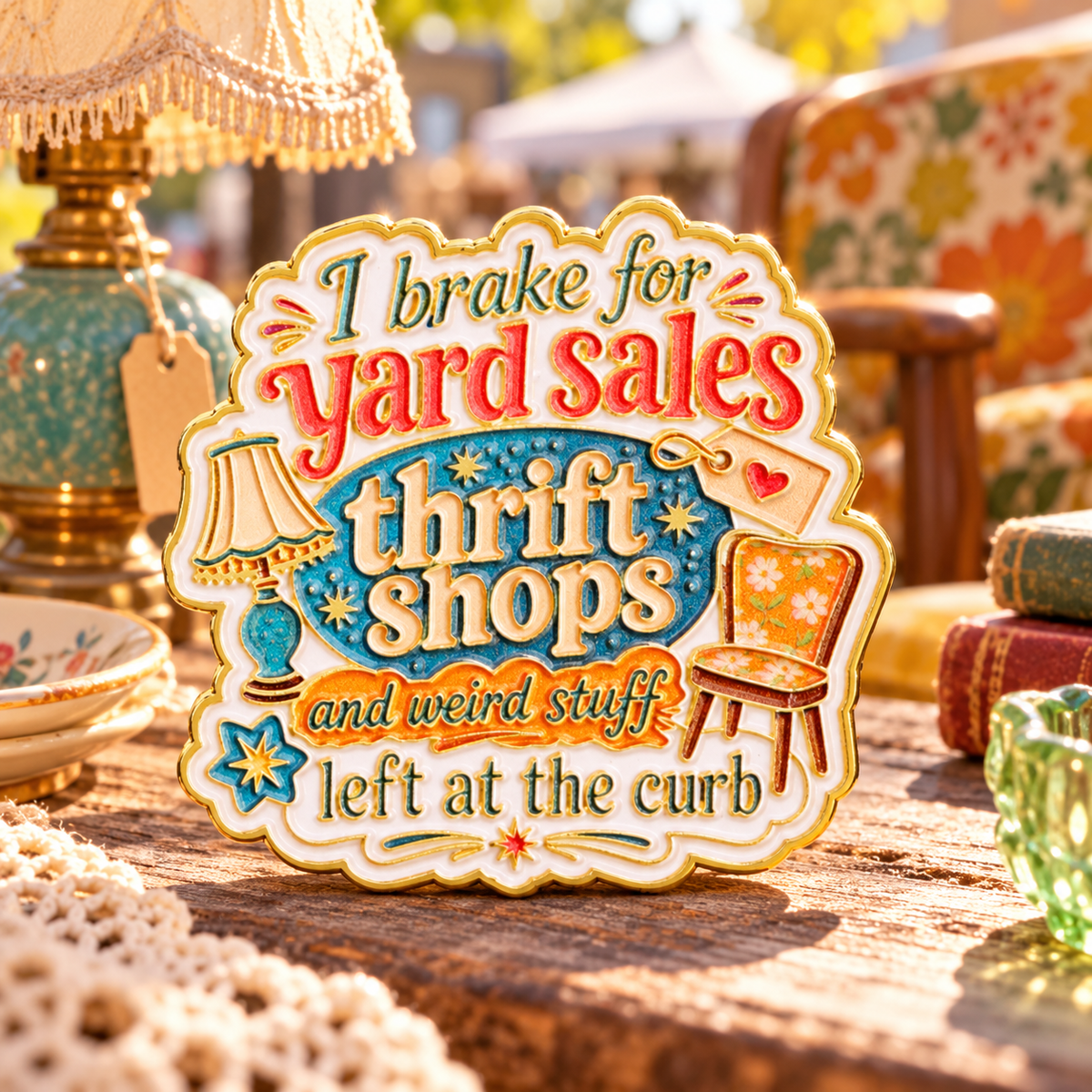 I Brake for Yard Sales and Thrift Shops Pin against a vintage yard-sale scene