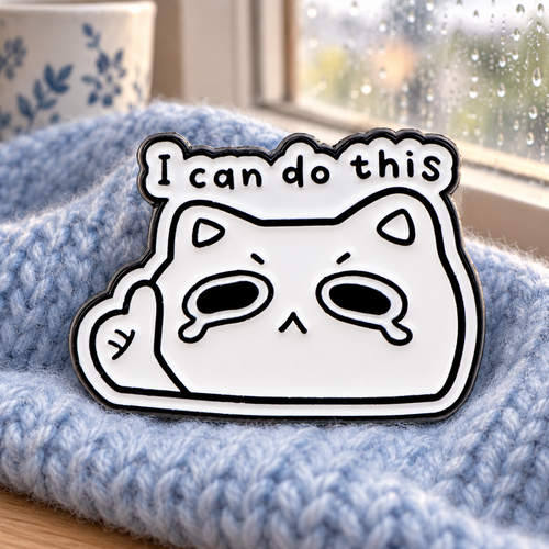 I Can Do This crying cat enamel pin on blue knit by a rainy window