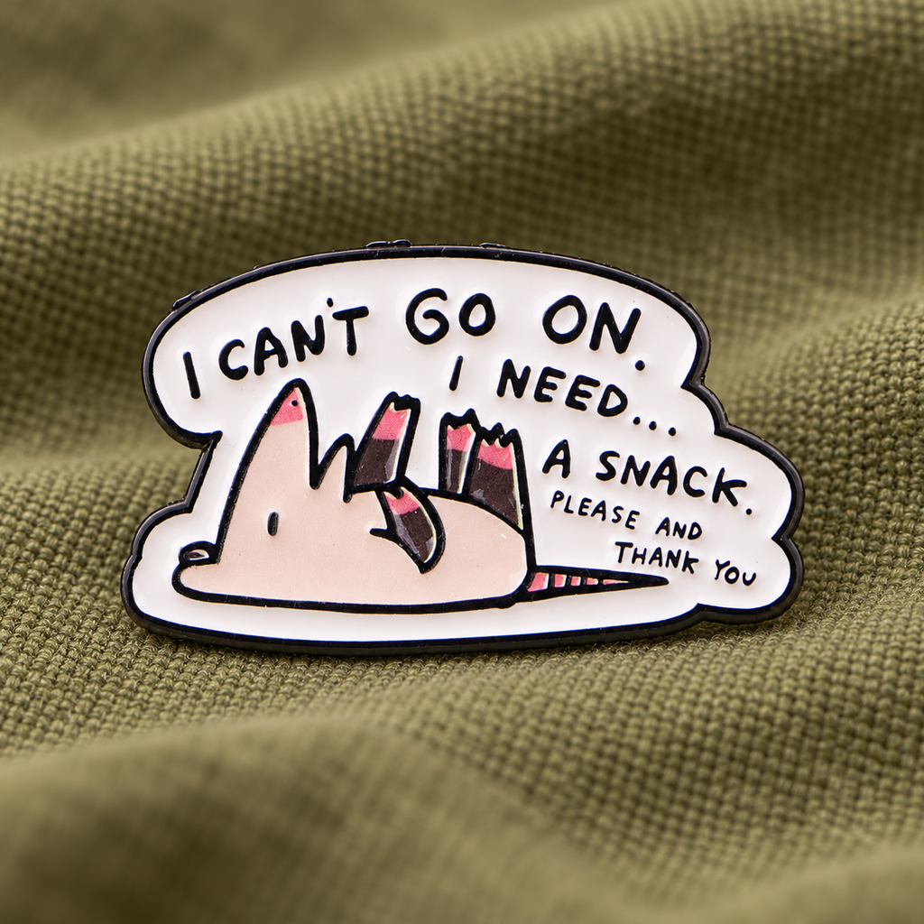 I Can't Go On possum enamel pin on olive fabric