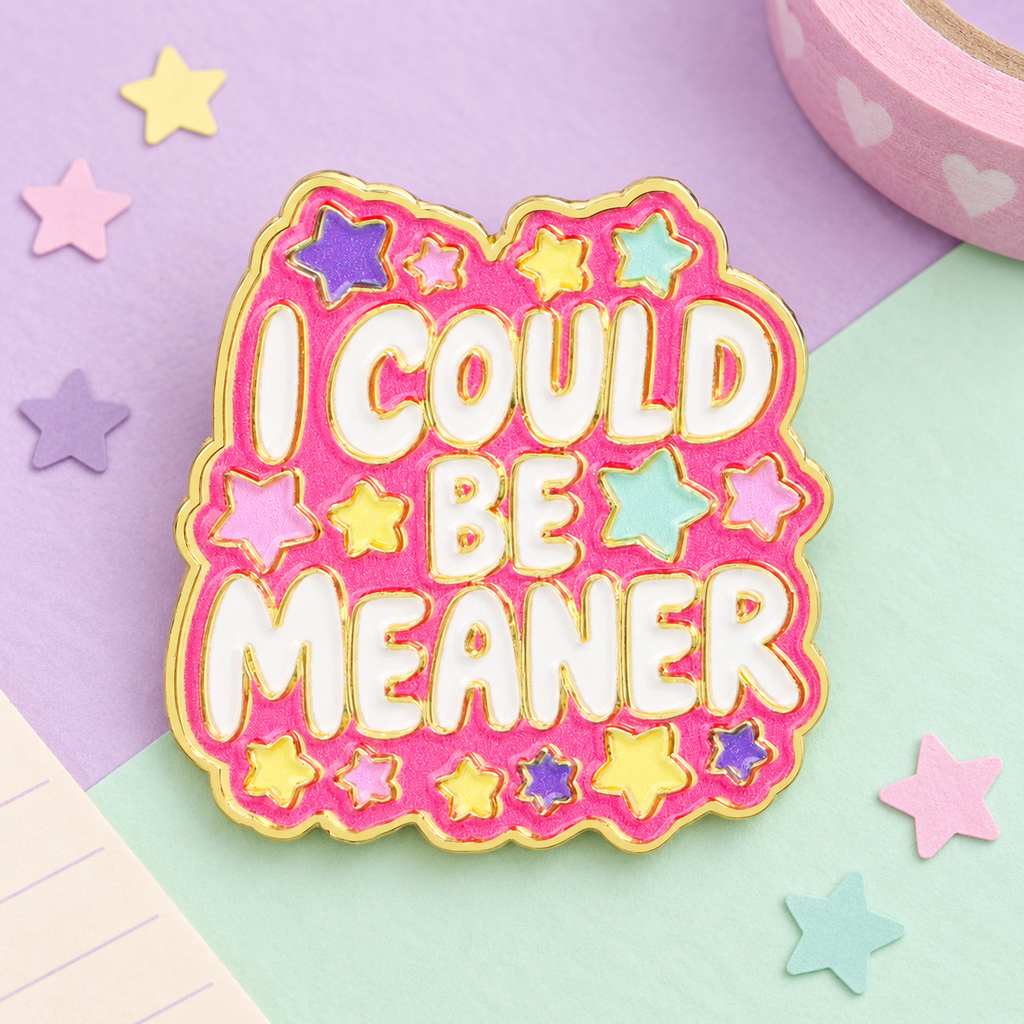I Could Be Meaner Pastel Pin on a lilac and mint stationery background