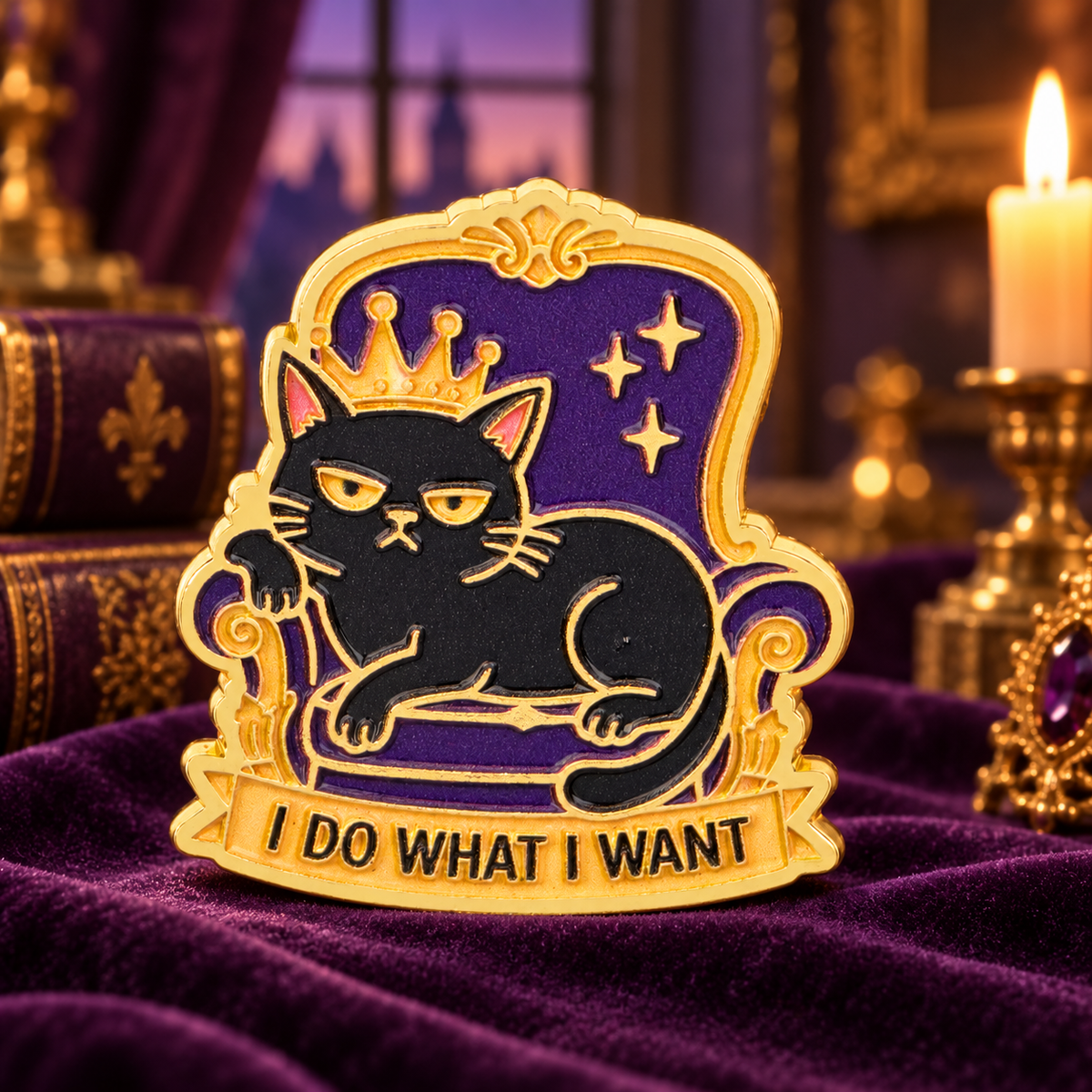 I Do What I Want Crowned Cat Pin on purple velvet in a royal study