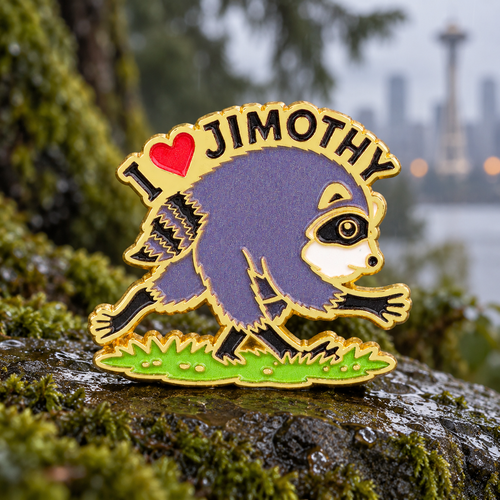 I Love Jimothy raccoon pin in a mossy Seattle park scene