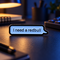 I Need a Red Bull chat bubble enamel pin on a late-night desk