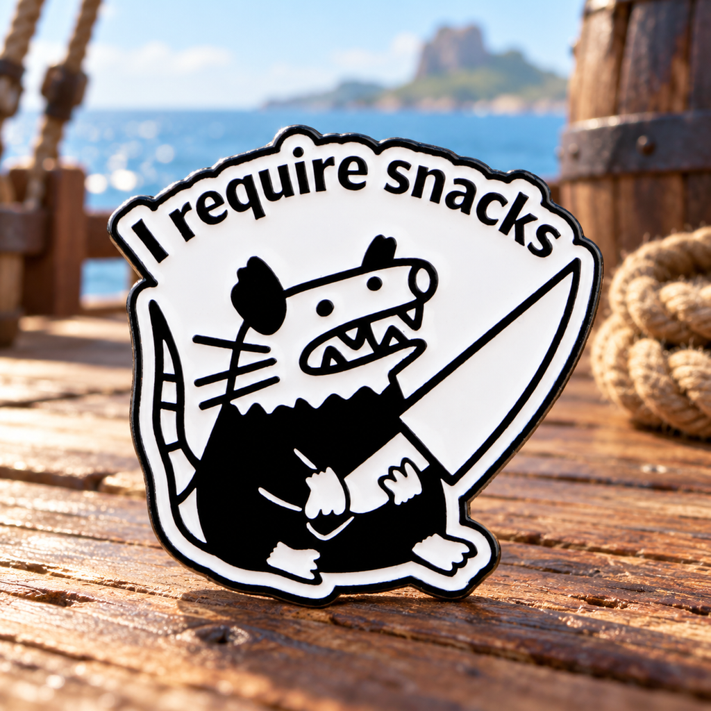 I Require Snacks Pirate Rat enamel pin on a sunny ship deck
