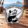 I Require Snacks Pirate Rat enamel pin on a sunny ship deck