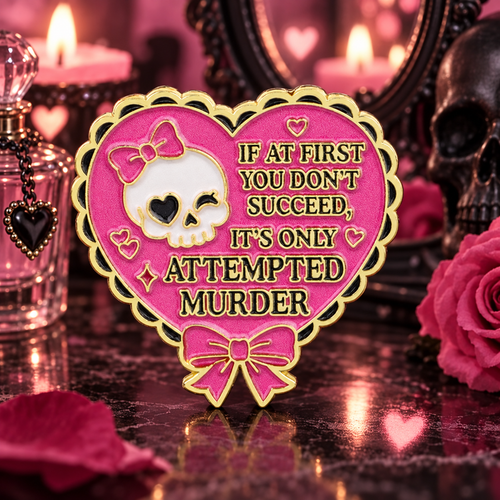If at First You Don't Succeed Skull Heart Pin on a themed spooky background