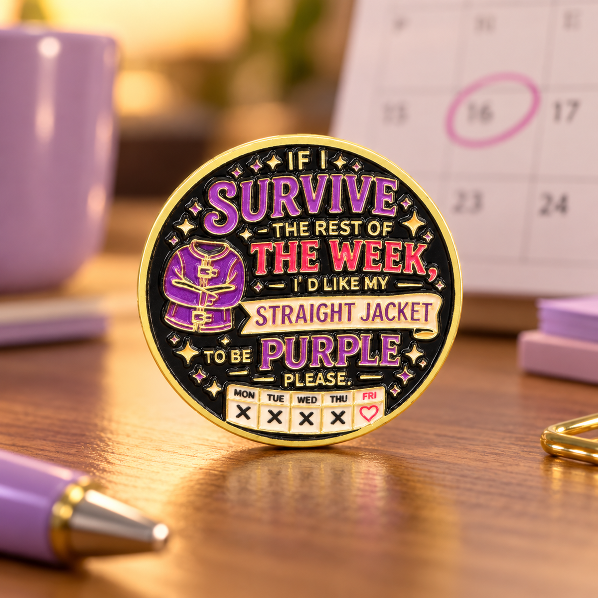 Purple Straitjacket enamel pin in a lavender office desk scene