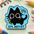 I'm Artist Black Cat enamel pin on a colorful sketchbook background