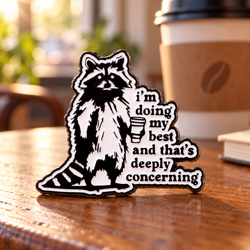 I'm Doing My Best Raccoon Coffee Pin on a warm café table
