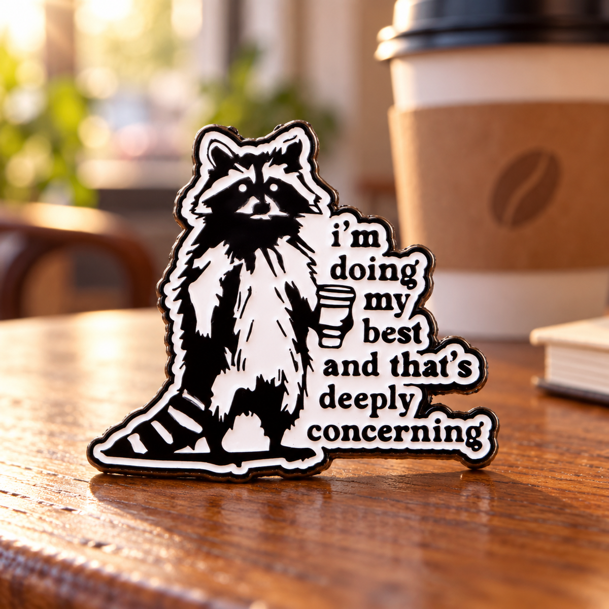 I'm Doing My Best Raccoon Coffee Pin on a warm café table