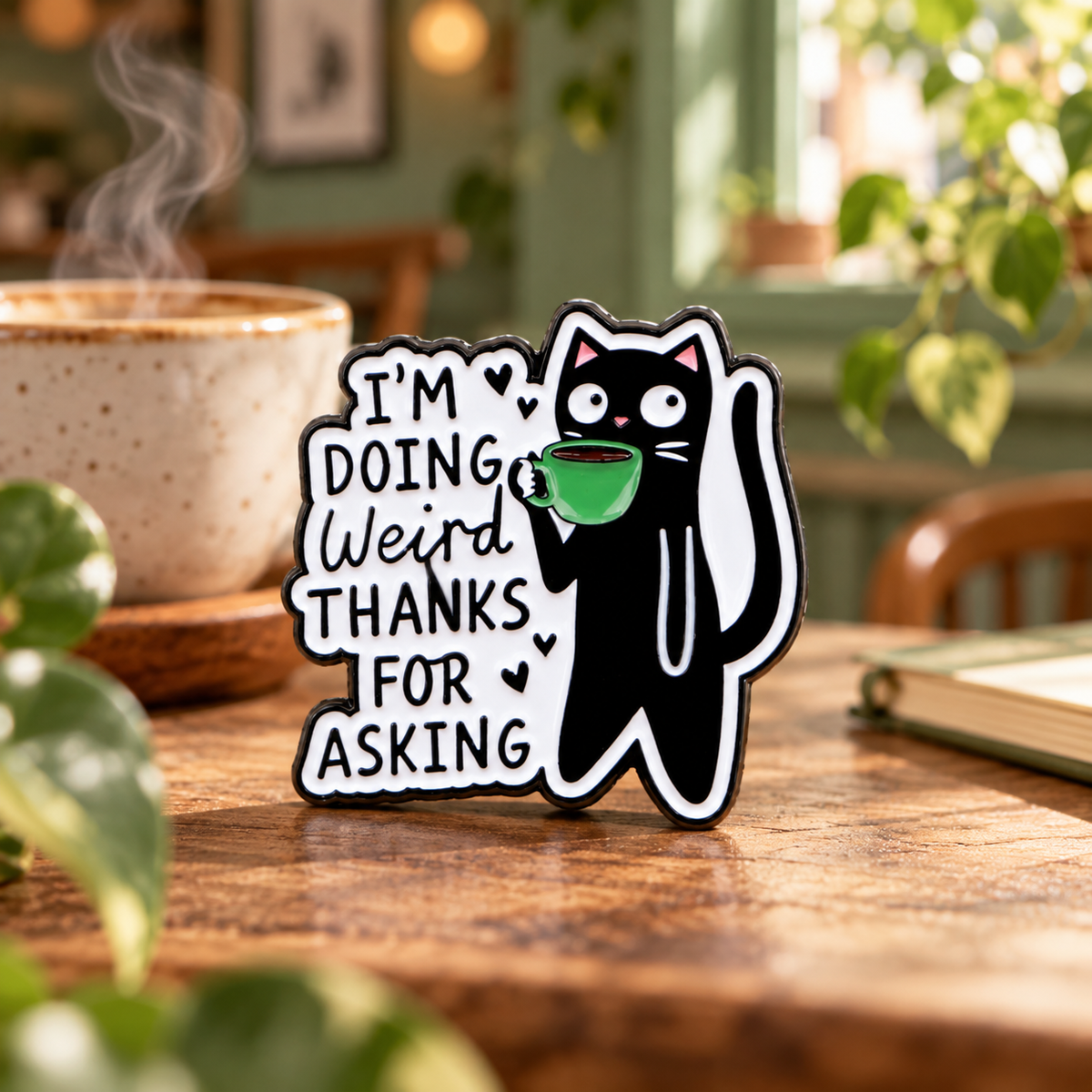 I'm Doing Weird Black Cat enamel pin in a cozy café scene