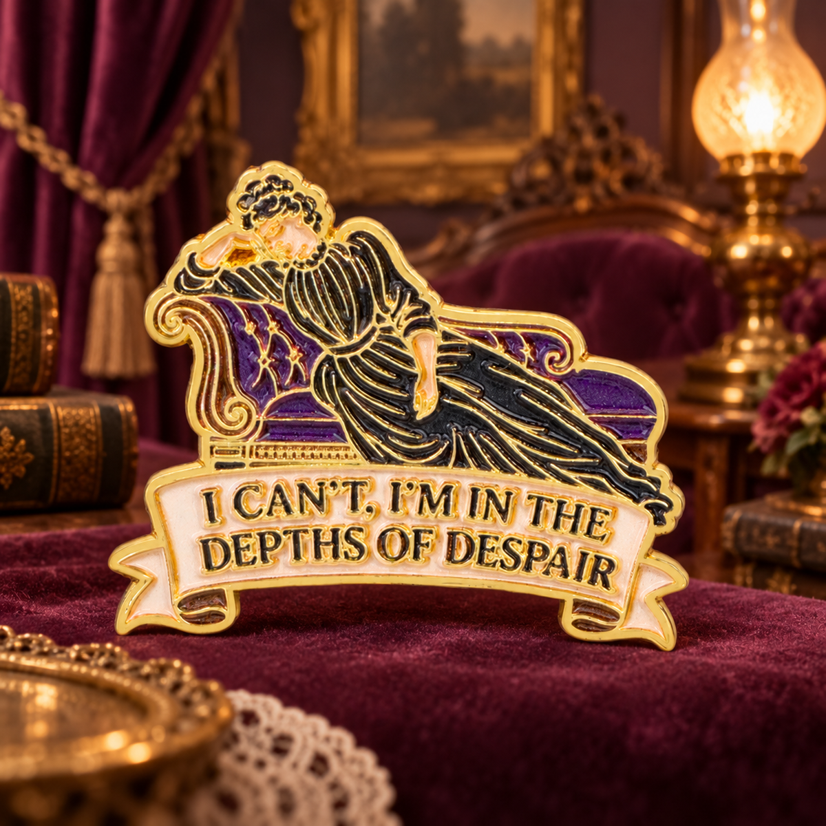 In the Depths of Despair Pin on Victorian plum velvet