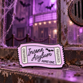 Insane Asylum Ticket Pin on a themed spooky background