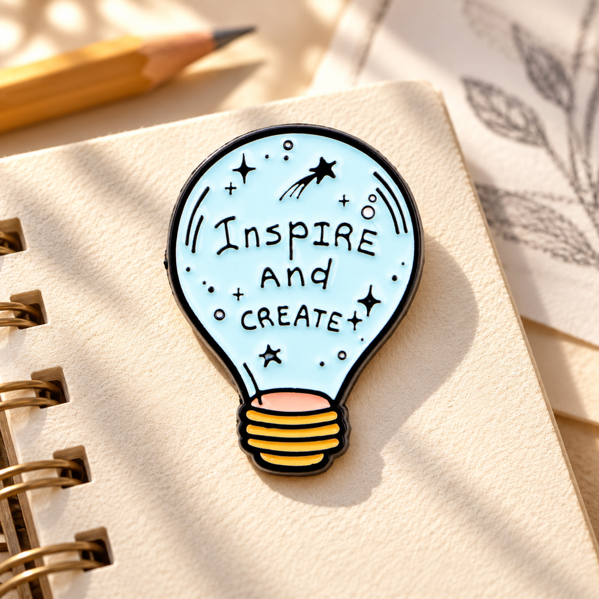 Inspire and Create light bulb enamel pin on a cream artist notebook