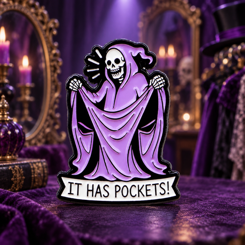 It Has Pockets Grim Reaper Pin on a themed spooky background