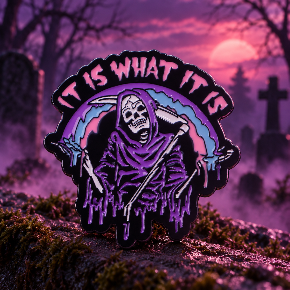 It is What it is Skeleton Death Angel Pin on a themed spooky background